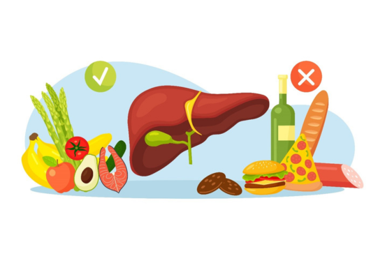 An image of a liver with foods that are good and bad for it