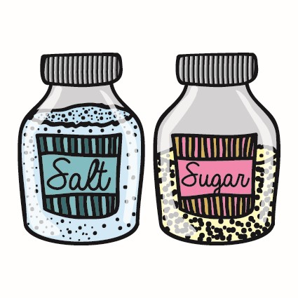 Two bottles containing salt and sugar