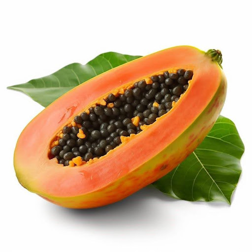 Half a papaya with its seeds visible inside the fruit